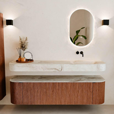 MONDIAZ THOR-DLUX 170cm meuble de salle de bains arrondi gauche + droite couleur Ruby avec 1 tiroir et 2 portes. Vasque suspendue CLOUD Droite sans trou de robinet couleur Frappe.