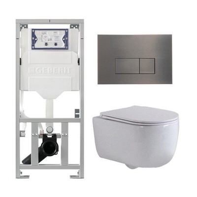 QeramiQ Dely Swirl Ensemble WC- 36,3x51,7 cm - fond creux - sans bride - réservoir encastré Geberit UP320 - abattant fin - plaque de commande en gunmetal - boutons rectangulaires - blanc mat