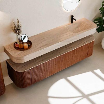 MONDIAZ THOR-DLUX Meuble de salle de bains - 190cm - arrondi gauche + droite - couleur Ruby - 2 tiroirs et 2 portes - Vasque suspendue CLOUD Droite 1 trou de robinet - couleur Saba