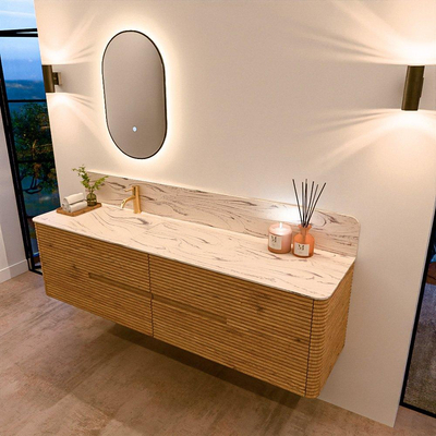 Mondiaz CIRO-DLUX Meuble de salle de bains complet - 180x45x50cm - Vasque solid surface Nata - 1 vasque à gauche - 1 trou de robinet - 4 tiroirs - Chêne