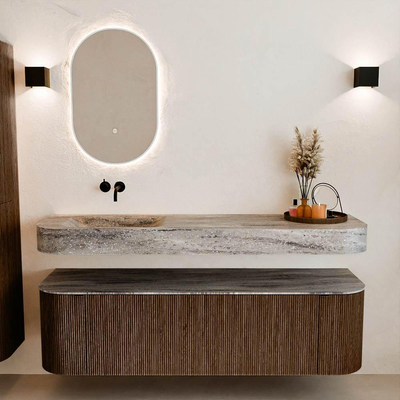 MONDIAZ THOR-DLUX 160cm badmeubel ronding links + rechts kleur Walnut met 1 lade en 2 deuren. Vrijhangende wastafel CLOUD Links zonder kraangat kleur Oza.