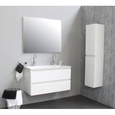 Basic Bella Meuble avec lavabo acrylique 100x55x46cm 2 trous de robinet avec miroir Blanc brillant