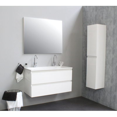 Basic Bella Meuble avec lavabo acrylique 100x55x46cm 2 trous de robinet Blanc brillant