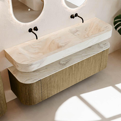 MONDIAZ THOR-DLUX 160cm meuble de salle de bains arrondi gauche + droite couleur Dusk avec 1 tiroir et 2 portes. Vasque suspendue CLOUD Double sans trou de robinet couleur Ostra.