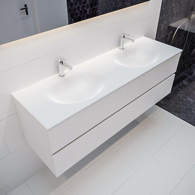 MONDIAZ VICA Ensemble de meuble salle de bain - 150cm - 2 tiroirs - lavabo Moon double - 2 trous de robinet - solid surface talc