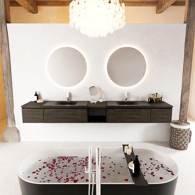MONDIAZ BUKLA 280cm ensemble de meuble avec module ouvert 40 au milieu couleur Marron Foncé avec 4 tiroirs. Lavabo CLOUD double 2 trous de robinet couleur Urban.