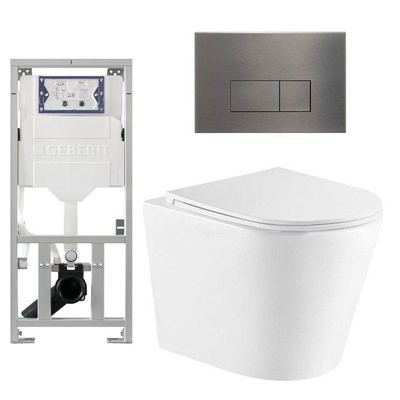 QeramiQ Dely Pack WC cuvette sans bride 36.3x51.7cm avec bâti-support Geberit UP320 abattant WC blanc brillant frein de chute et plaque de commande Gun metal boutons Rectangulaires