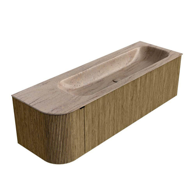 MONDIAZ KURVE-DLUX Meuble de salle de bains 145cm arrondi à gauche couleur Dusk avec 1 tiroir et 1 porte. Lavabo BIG LARGE à droite sans trou de robinet Saba.