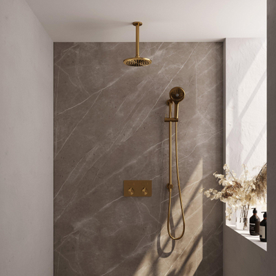 BRAUER Gold Edition Douche de tête thermostatique encastrée - boutons-poussoirs - SET 71 - tête de douche 20cm - bras de plafond - douchette 3 jets - flexible de douche - barre de douche intégrée - or brossé PVD