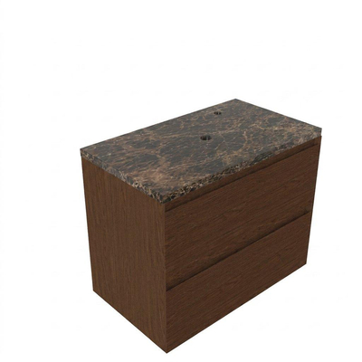 Saniclass Holz Pure Ensemble meuble de salle de bains - 80x45x63cm - Plan de travail en pierre naturelle Noche dark emperador - 1 trou de robinet - 2 tiroirs - noyer pure mat (bois)