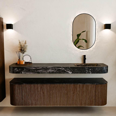 MONDIAZ THOR-DLUX 180cm meuble de salle de bains arrondi gauche + droite couleur Walnut avec 2 tiroirs et 2 portes. Vasque suspendue CLOUD Droite 1 trou de robinet couleur Lava.