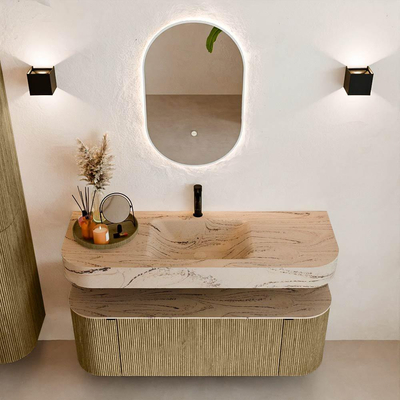 MONDIAZ THOR-DLUX 130cm badmeubel ronding links + rechts kleur Dusk met 1 lade en 2 deuren. Vrijhangende wastafel CLOUD Midden 1 kraangat kleur Arena.