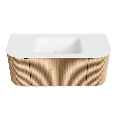 MONDIAZ KURVE Meuble de salle de bains 110 cm avec module 25 Len R couleur Chêne avec 1 tiroir et 2 portes. Lavabo CLOUD central 1 trou de robinet Talc.