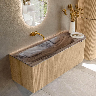 MONDIAZ KURVE-DLUX Meuble de salle de bains 125cm arrondi à droite couleur Chêne avec 1 tiroir et 1 porte. Lavabo BIG MEDIUM gauche sans trou de robinet Sombra.