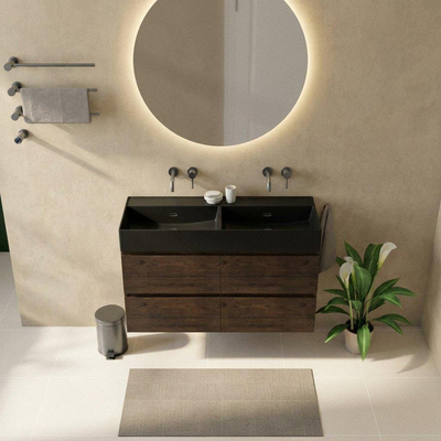 Saniclass Holz Pure Badkamermeubelset - 120x45x72cm - Legend keramische wastafel mat zwart - 2 wasbakken - zonder kraangaten - 4 lades - mat eiken charcoal (hout)