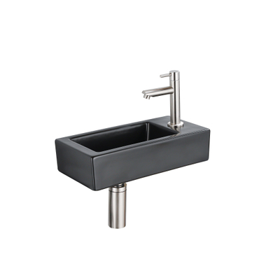 QeramiQ Lave-mains Kit lave-mains - 37.5x18.5x9cm - céramique - trou de robinet à droite - robinet lave-mains en inox brossé - bonde de vidage - siphon abaissé - Mat Noir
