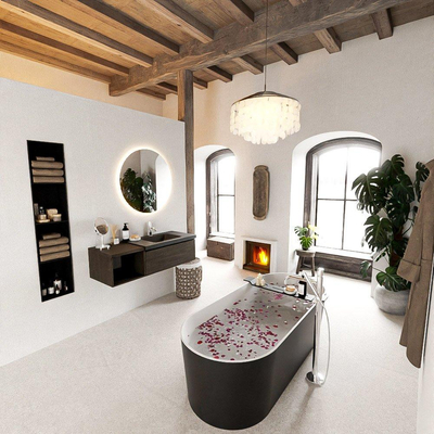 MONDIAZ BUKLA 120cm ensemble de meuble avec module ouvert 40 couleur Marron Foncé avec 1 tiroir. Lavabo CLOUD à droite 1 trou de robinet couleur Urban.