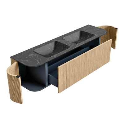 MONDIAZ KURVE-DLUX 170cm badmeubel met module 25 Len R kleur Oak met 1 lade en 2 deuren. Wastafel LEAF dubbel 2 kraangaten kleur Lava.