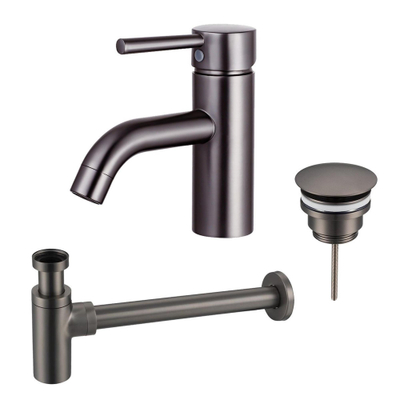 FugaFlow Eccelente Sobrado Badkamer Wastafelkraanset - lage wastafelkraan - always open plug - design sifon - PVD Gepolijst Gunmetal