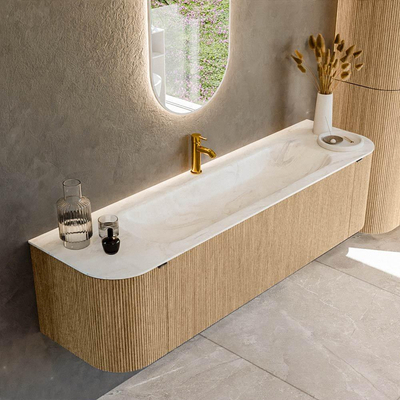 MONDIAZ KURVE-DLUX Meuble de salle de bains 170 cm avec module 25 Len R couleur Chêne avec 1 tiroir et 2 portes. Lavabo BIG LARGE central 1 trou de robinet couleur Ostra.