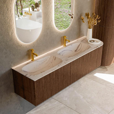 MONDIAZ KURVE-DLUX Meuble de salle de bains 165cm arrondi Droite couleur Walnut avec 2 tiroirs et 1 porte. Lavabo STOR SMALL Double / Gauche 2 trous de robinet Nata.