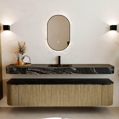 MONDIAZ THOR-DLUX Meuble de salle de bains 200cm arrondi gauche + droite couleur Dusk avec 2 tiroirs et 2 portes. Vasque suspendue CLOUD Milieu 1 trou de robinet couleur Lava.