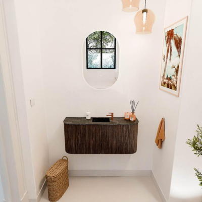 Mondiaz JOYA-DLUX 93.2cm toiletmeubel - ronding links en rechts kleur Walnut - Wastafel FAYE positie Midden 1 kraangat kleur Lava.