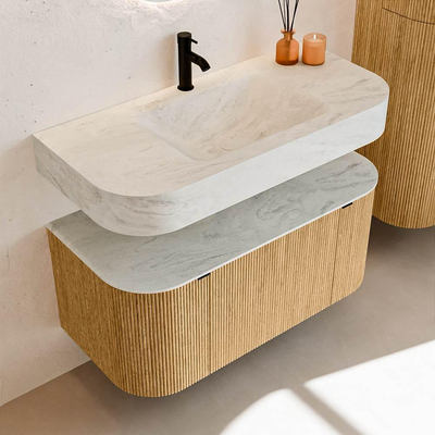 MONDIAZ THOR-DLUX 100cm badmeubel ronding links + rechts kleur Oak met 1 lade en 2 deuren. Vrijhangende wastafel CLOUD Midden 1 kraangat kleur Opalo.