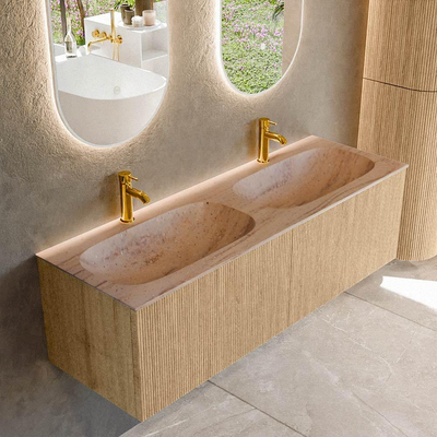 MONDIAZ KURVE-DLUX Meuble de salle de bains 140cm couleur Oak avec 2 tiroirs et 0 portes. Lavabo STOR SMALL Double 2 trous de robinet Saba.