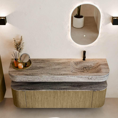 MONDIAZ THOR-DLUX 160cm meuble de salle de bains arrondi gauche + droite couleur Dusk avec 1 tiroir et 2 portes. Vasque suspendue CLOUD Droite 1 trou de robinet couleur Oza.