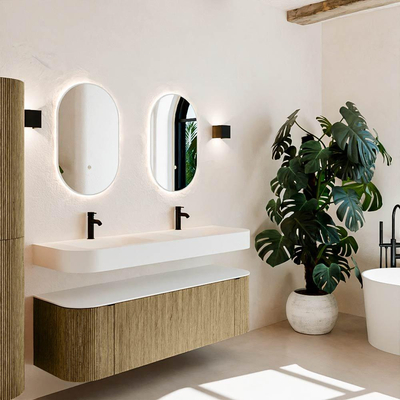 MONDIAZ THOR 150cm badmeubel ronding links + rechts kleur Dusk met 1 lade en 2 deuren. Vrijhangende wastafel CLOUD Dubbel 2 kraangaten kleur Talc.