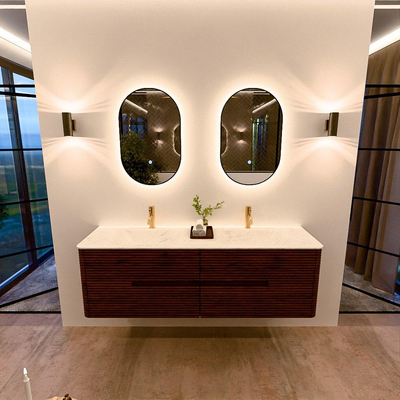 Mondiaz CIRO-DLUX Badkamermeubelset - 160x45x50cm - Solid surface wastafel Opalo - 2 wasbak Dubbel - 2 kraangaten - 4 lades - Ruby