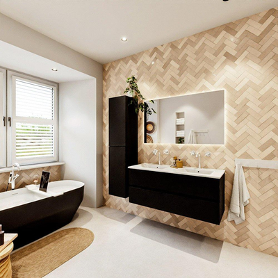 MONDIAZ VICA meuble sous lavabo 120cm Urban 2 tiroirs. Lavabo DENIA double 2 trous de robinet, couleur Blanc Brillant.