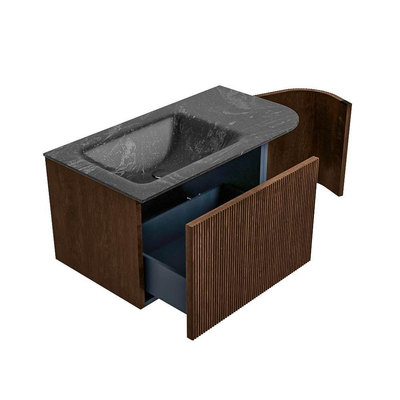 MONDIAZ KURVE-DLUX 85cm badmeubel met module 25 R kleur Walnut met 1 lade en 1 deur. Wastafel CLOUD links zonder kraangat kleur Lava.