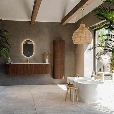 MONDIAZ KURVE Meuble de salle de bains 170 cm avec module 25 Len R couleur Walnut avec 1 tiroir et 2 portes. Lavabo BIG LARGE centré 1 trou de robinet Talc.