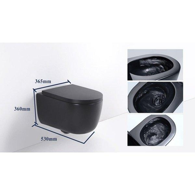 QeramiQ Dely Swirl Ensemble WC - 36.3x51.7cm - Réservoir encastré Geberit UP320 - Abattant de 35mm d'épaisseur - Plaque de commande blanc brillant - Boutons rectangulaires - Noir mat