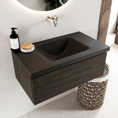 Mondiaz BUKLA Badkamermeubelset - 80x45x34cm - 0 kraangaten - wasbak midden - solid surface - Urban - greeploos - 1 lade - Melamine - Dark brown