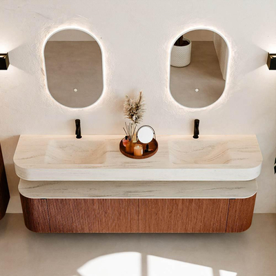 MONDIAZ THOR-DLUX 200cm meuble de salle de bains arrondi gauche + droite couleur Ruby avec 2 tiroirs et 2 portes. Vasque suspendue CLOUD Double 2 trous de robinet couleur Meli.