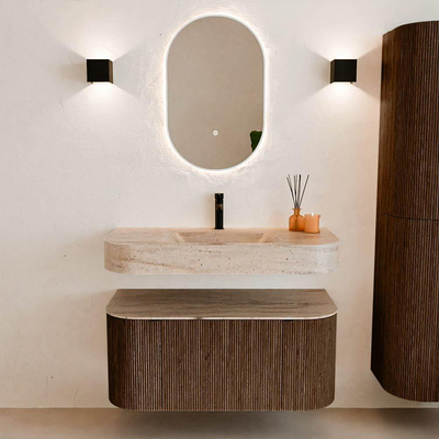 MONDIAZ THOR-DLUX 100cm badmeubel ronding links + rechts kleur Walnut met 1 lade en 2 deuren. Vrijhangende wastafel CLOUD Midden 1 kraangat kleur Saba.