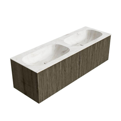 Mondiaz KURVE-DLUX Badkamermeubelset - 140x46x40cm - 2 lade - wastafel solid surface - dubbel - 2 kraangaten - Shadow