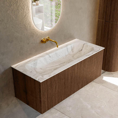 MONDIAZ KURVE-DLUX Meuble de salle de bains 110 cm couleur Walnut avec 1 tiroir. Lavabo BIG MEDIUM centré sans trou de robinet couleur Glace.