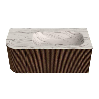 MONDIAZ KURVE-DLUX Meuble de salle de bains 105 cm arrondi à gauche couleur Walnut avec 1 tiroir et 1 porte. Lavabo BIG SMALL à droite 1 trou de robinet Nata.