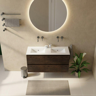 Saniclass Holz Pure Ensemble meuble de salle de bains - 120x45x62cm - Vasque Vygo en céramique blanche - 2 vasques - sans trous de robinet - 4 tiroirs - chêne charcoal mat (bois)