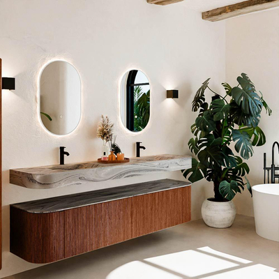 MONDIAZ THOR-DLUX 200cm meuble de salle de bains arrondi gauche + droite couleur Ruby avec 2 tiroirs et 2 portes. Vasque suspendue CLOUD Double 2 trous de robinet couleur Sombra.