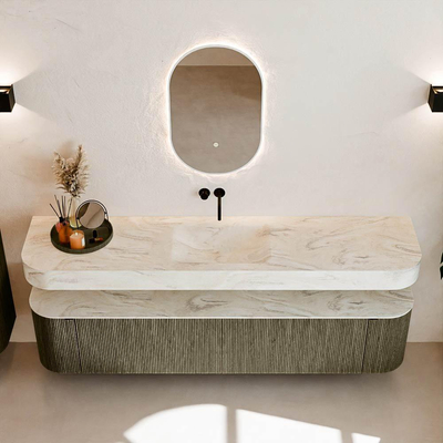 MONDIAZ THOR-DLUX 200cm meuble de salle de bains arrondi gauche + droite couleur Shadow avec 2 tiroirs et 2 portes. Vasque suspendue CLOUD Milieu sans trou de robinet couleur Ostra.