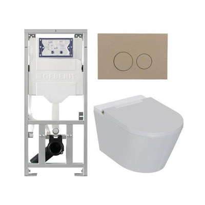 QeramiQ Luma Ensemble WC-douche - réservoir encastré Geberit UP320 - avec châssis Burda - sèche-cheveux - douchette féminine - plaque de commande taupe - boutons ronds - blanc brillant