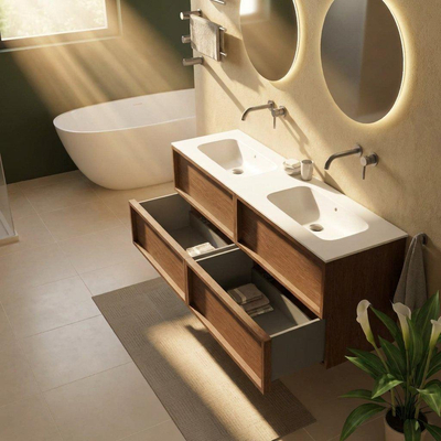 Saniclass Holz Frame Ensemble meuble de salle de bains - 160x45x61.5cm - Plan vasque Flow en solid surface blanc - 2 vasques - sans trous de robinetterie - 4 tiroirs - walnut pure mat (bois)
