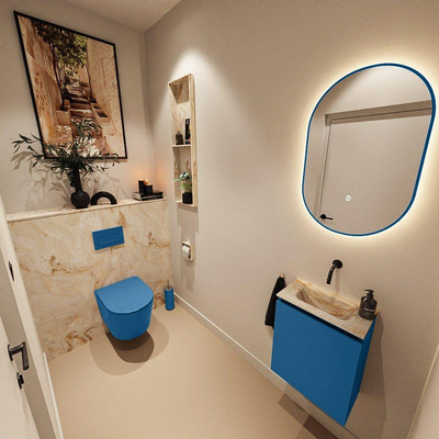 MONDIAZ TURE-DLUX Meuble toilette - 40cm - Jeans - EDEN - vasque Frappe - position centrale - sans trou de robinet