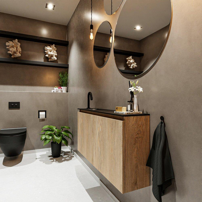 MONDIAZ TURE Fonteinset - 100x23x50cm - 1 kraangat - 2 deuren - washed oak mat - Wasbak links - Solid Surface Zwart