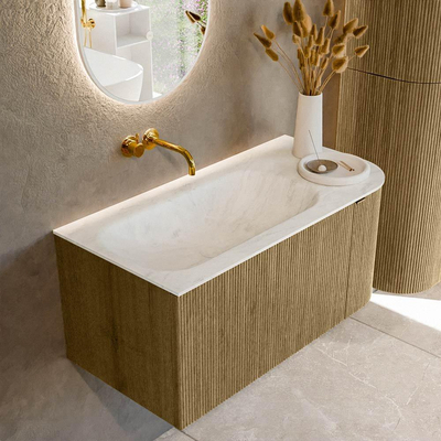 Mondiaz KURVE-DLUX Ensemble de meuble de salle de bains - 95x46x40cm - 1 tiroir - 1 porte - lavabo solid surface - gauche - sans trou de robinet - Dusk